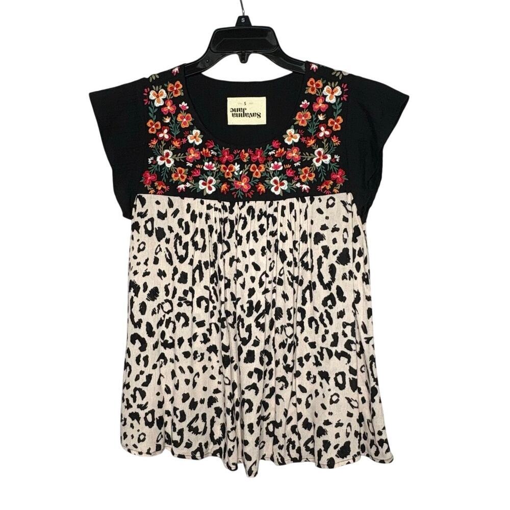 Savanna Jane Embroidered Floral Animal Print Cap Sleeve Boho Top Size Small